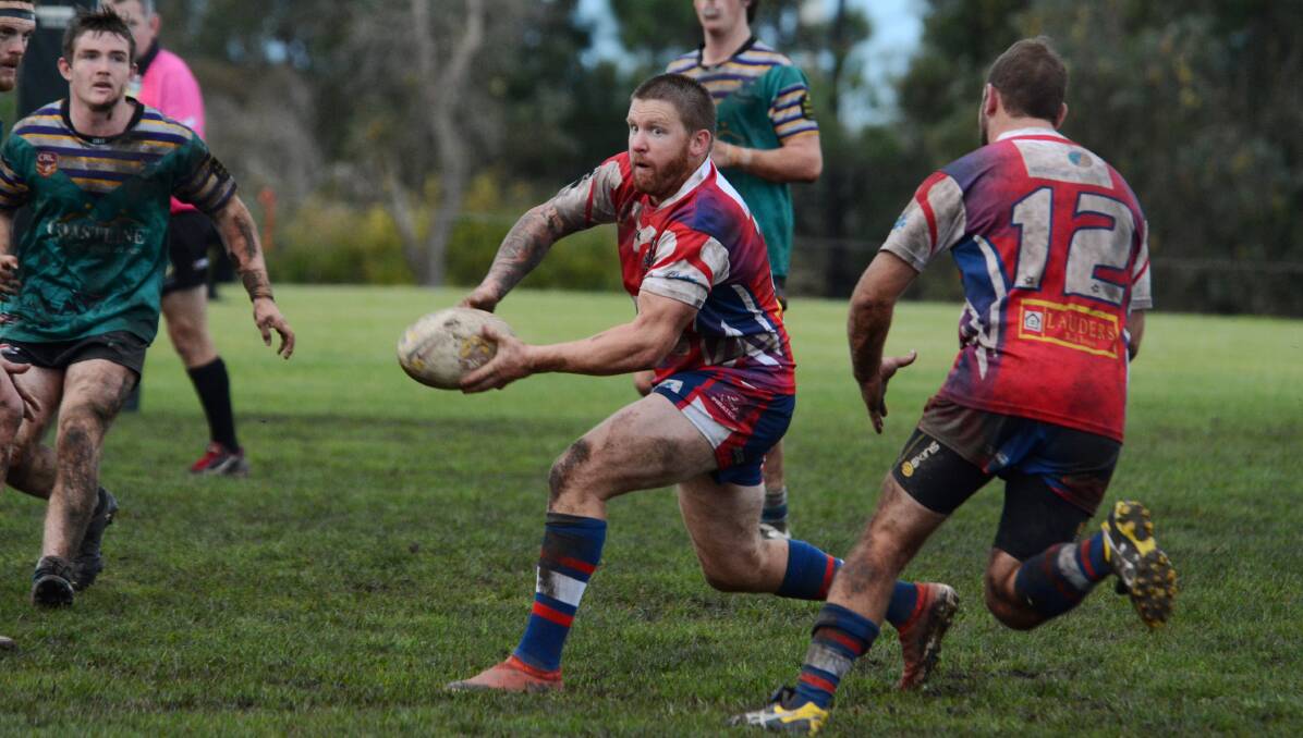 Old Bar co-captain-coach Danny Russell sets up a play during the Group Three Rugby League clash against Taree City at Old Bar. Russell's goal kicking was a highlight of Old Bar's strong 42-10 win.