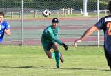 Goal keeper Rhys Dawes gets the ball back in play during the clash against Stockton at Boronia Park. The visitors won 2-1.