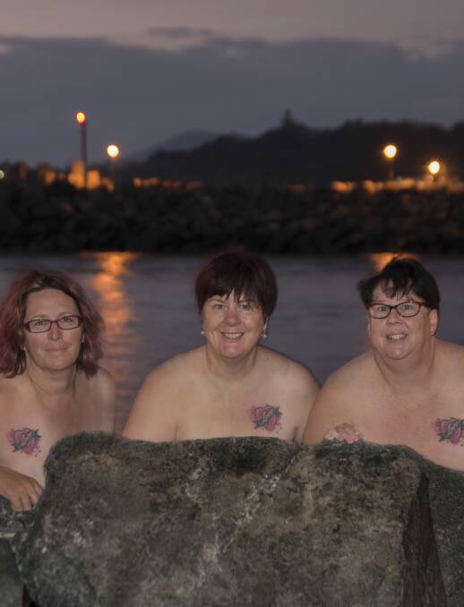 Naked Tuesday: Kathy Reardon, Susan Morgan and Tracey Cooke were happy to shed their clothes on a chilly morning for a good cause. Glenmorganphotography