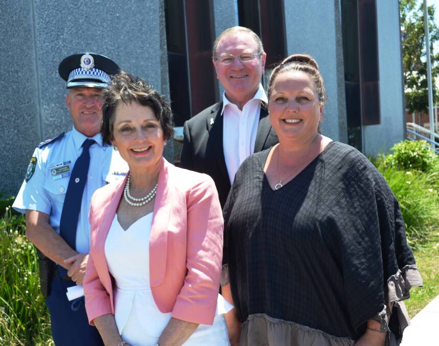 Minister for the Prevention of Domestic Violence and Sexual Assault Pru Goward, Manning Great Lakes Local Area Commander Peter Thurtell, Stephen Bromhead and Mid-North Coast Women’s Domestic Violence Court Advocacy Service co-ordinator Louise Webber at Taree Police Station to launch the Safer Pathway program.