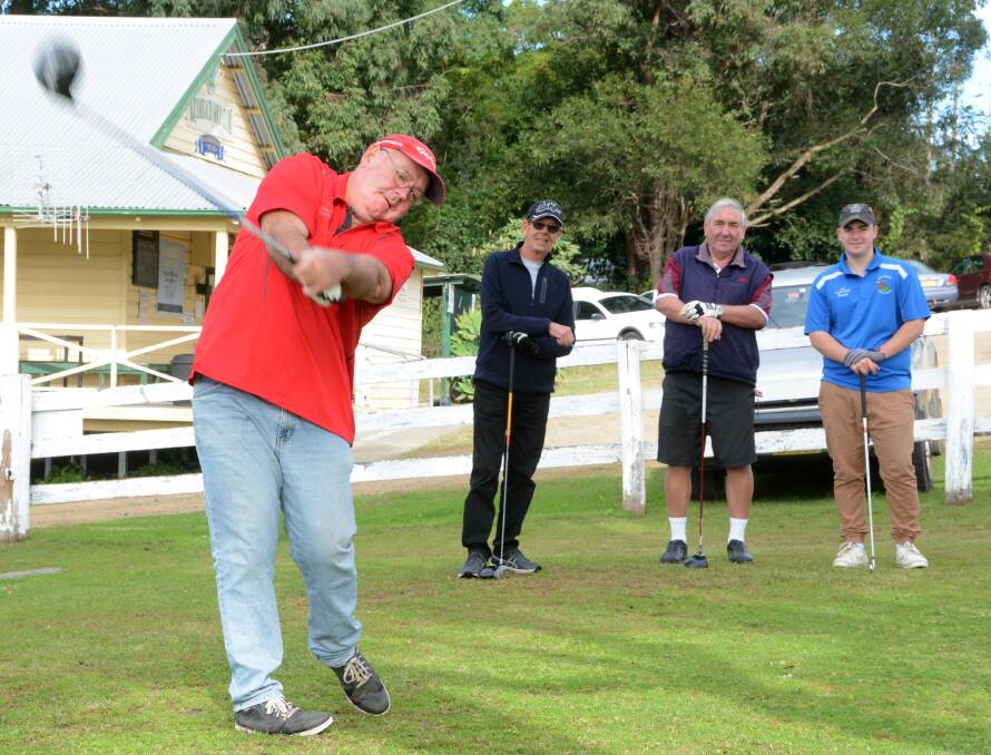 Steve and Danny Nye with Ian Andersen from Krambach along with Ron Dekker from Forster tee off for the last time.