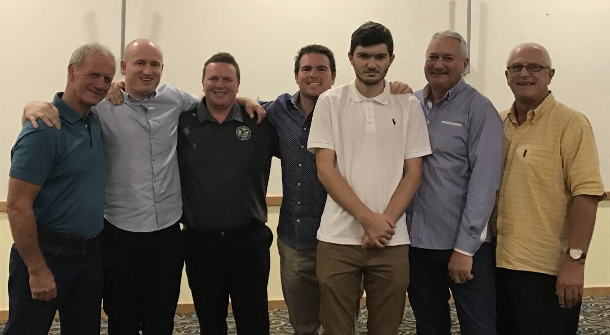 Ian Martin; Hawks' coach, Matt Kirkland; Hawks' president, Justan Buttigieg; Jamie Lyon;  Brendan and Barry Stamp from First National and Paul Tycehurst.