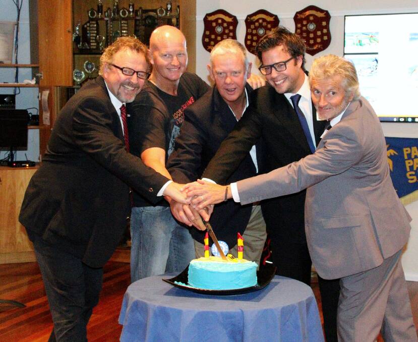 Presidents past and present,  Mark Martin, Mic Evans, Dave Ellis, Paul Martin, Kel McCredie, cut the celebratory cake.