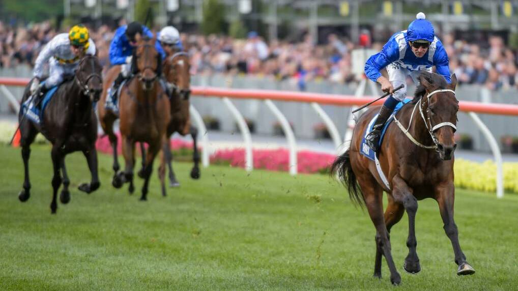 Winx ridden by Hugh Bowman wins William Hill Cox Plate at Moonee Valley Racecourse.