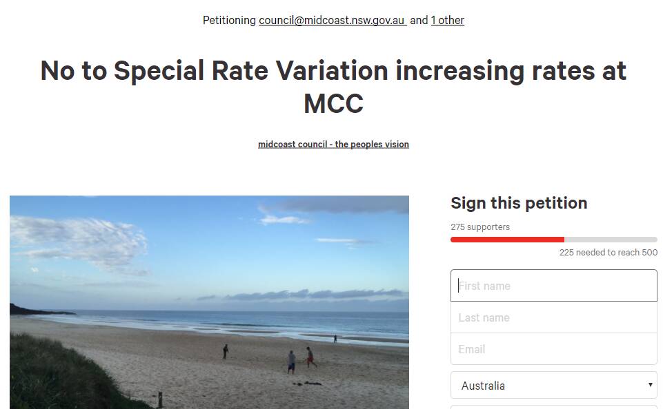 A screenshot of the petition on Change.org. Created by Forster resident David Poole, the petition asks MidCoast Council to say no to its proposed Special Rate Variation and had 284 supporters at the time of publication.  