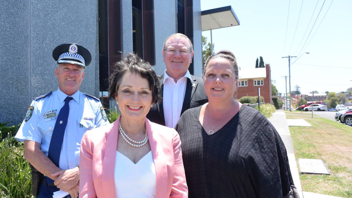 Manning Great Lakes Local Area Commander Peter Thurtell, Minister for the Prevention of Domestic Violence and Sexual Assault Pru Goward, member for Myall Lakes Stephen Bromhead and co-ordinator of MidCoast Women’s Domestic Violence Court Advocacy Service Louise Webber at Taree Courthouse. 
