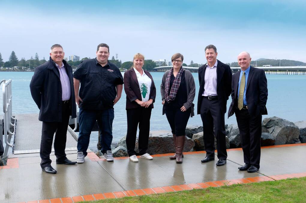 MidCoast Council Paul De Szell, MAX FM Macka Dixon, Katerina Dobbie, Nyaree Donnelly, MidCoast Water Ken Gouldthorp and Steve Attkins. MAX FM and MidCoast Water are festival partners. Photo East Coast Photography. 