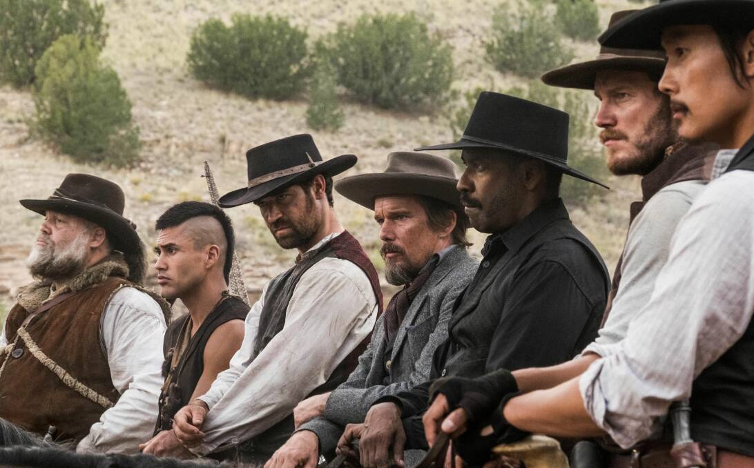The 2016 line-up: Magnificent Seven characters played by Vincent D'Onofrio (from left), Martin Sensmeier, Manuel Garcia-Rulfo, Ethan Hawke, Denzel Washington, Chris Pratt and Byung-hun Lee. Photo: Scott Garfield