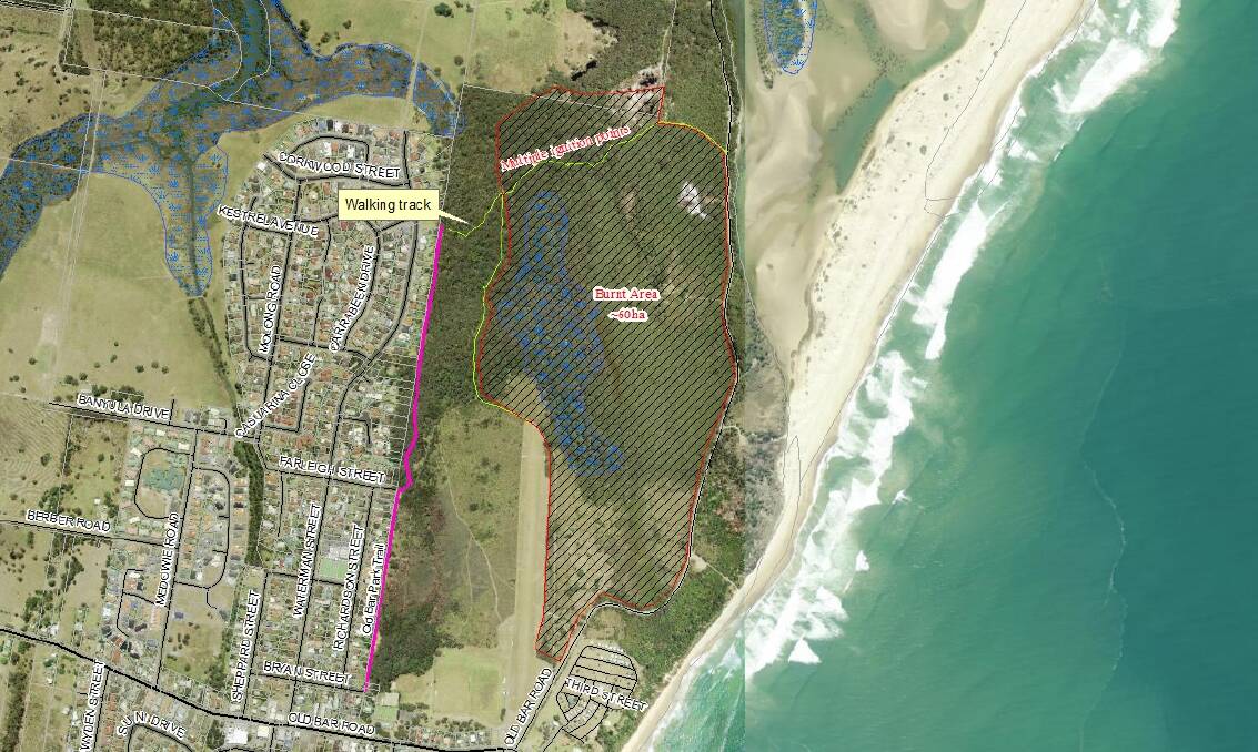 An aerial map showing the location of the fire between the beach and the back of Waterman Street.