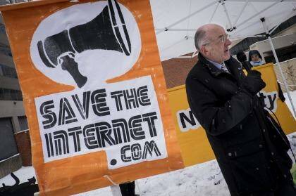 Michael Copps, ex-commissioner of the FCC, speaks in favour of net neutrality during a demonstration outside of FCC headquarters in Washington, DC. Photo: Pete Marovich