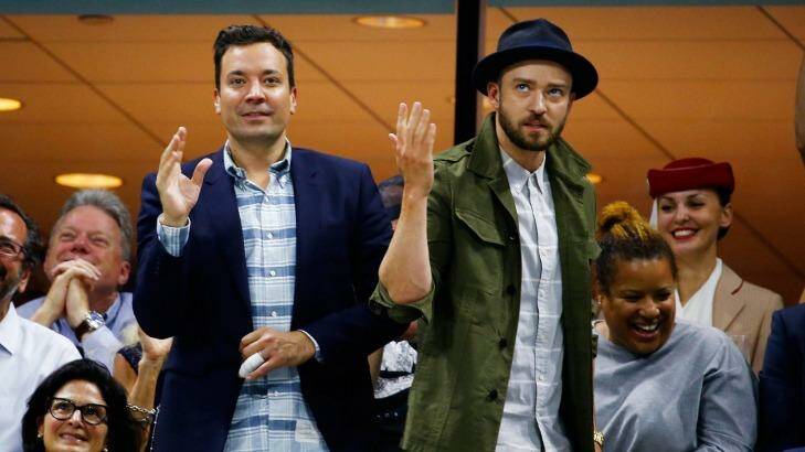 Jimmy Fallon and singer and actor Justin Timberlake dance together. Fallon has huge audience appeal as a late-night television host. Photo: Al Bello/Getty Images