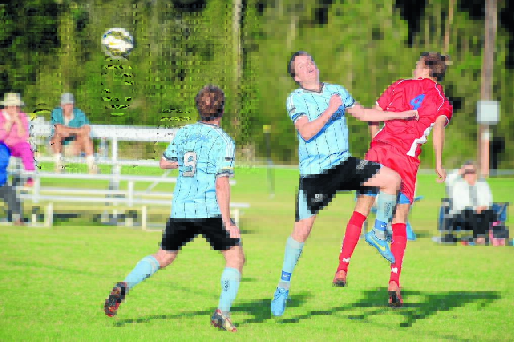 Taree's Tom Griffen is involved in some aerial combat with an Old Bar opponent during the second round premier league clash at Old Bar. Neither side made the semi-finals for the second successive season. Taree finished last  an unwanted first for the club.