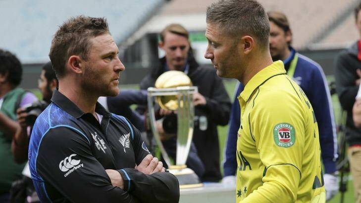 Brendon McCullum and Michael Clarke chat at the MCG on Saturday. Photo: Rob Griffith