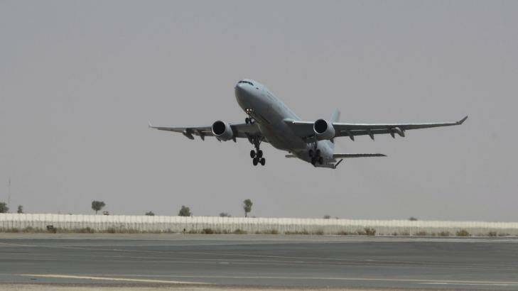 A Royal Australian Air Force KC-30A tanker transport takes off in the Middle East Region. RAAF aircraft conducted their first mission over Iraq on October 01, 2014. Photo: SGT Andrew Eddie