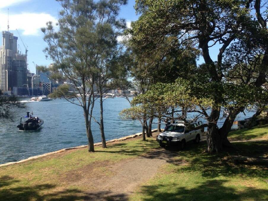Police at  Illoura Reserve, Balmain East, after a woman's body was found in the water. Photo: Nick Ralston
