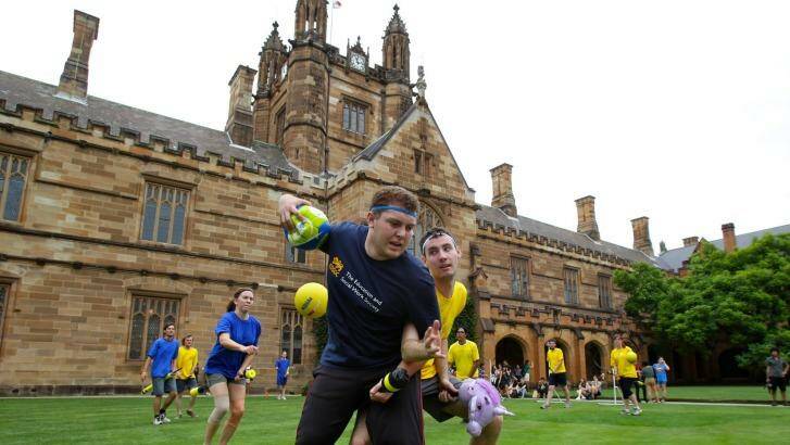 Students from the Quidditch Society at the University of Sydney.  Photo: Dallas Kilponen