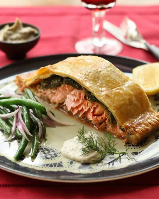 Jill Dupleix's salmon and spinach en croute with dill creme fraiche <a href="http://www.goodfood.com.au/good-food/cook/recipe/salmon-en-croute-with-dill-creme-fraiche-20111018-29wti.html"><b>(RECIPE HERE).</b></a> Photo: Marina Oliphant