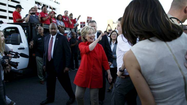 Hillary Rodham Clinton visits a rally hosted by the Culinary Workers Union outside the Trump International Hotel in Las Vegas. Clinton's polling has suffered after a summer of Republican attacks. Photo: New York Times
