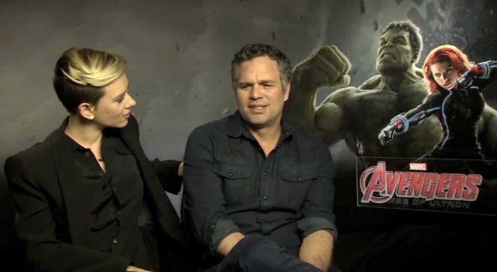 Mark Ruffalo (R) struggled through an interview using only the questions normally directed at his co-star, Scarlett Johansson. Photo: YouTube