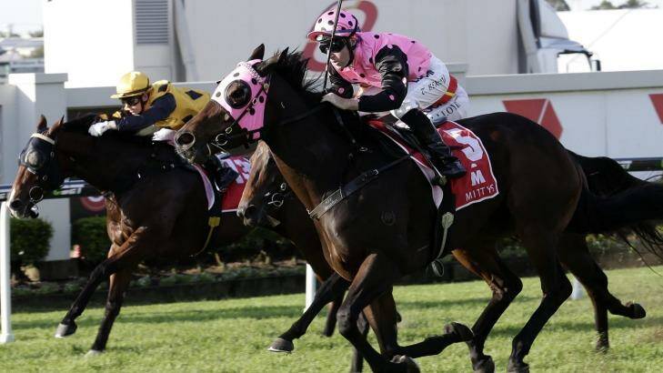 On the limit: Dublin Lass scores on Queensland Oaks day during the Brisbane carnival. Photo: Tertius Pickard