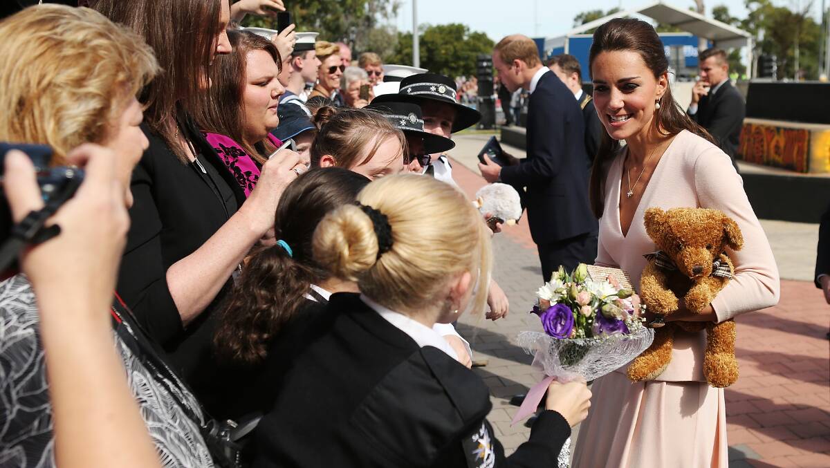 Catherine, Duchess of Cambridge speaks to spectators at a skate park in Elizabeth. Photo: Getty Images