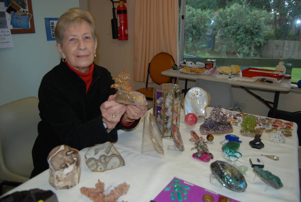 SO TALENTED: Felice Harrison from Forster creates beautiful little trees out of the gem stones she collects, cuts and polishes. 
