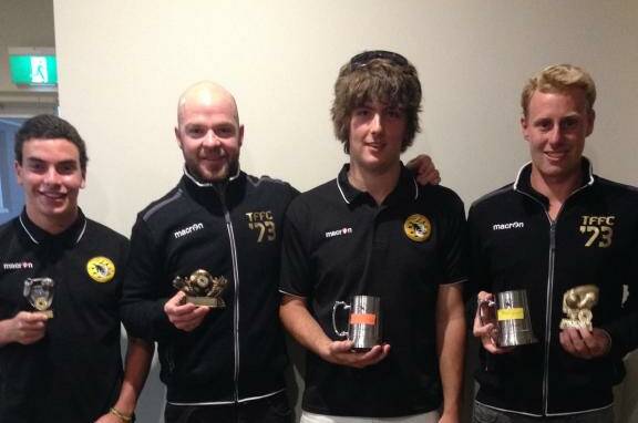NIGHT OF NIGHTS: Men's Tigers Black Coach’s Award Winner Jake Camilleri; Golden Boot Jack Yeates; Joint Players Player Corey Nash; and the Joint Players Player and Max Fletcher Sportsmanship Award Winner was Jason Ward.
