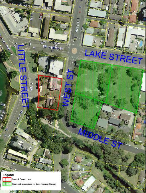 LOOKING AHEAD: The map shows council’s existing landholding and the proposed purchase land in Forster’s CBD. 