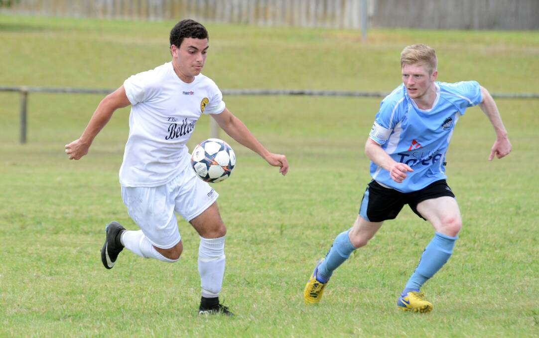 AT OMARU PARK: Jake Camilleri playing for the TFFC Tigers up against the Taree Wildcats in the first Preliminary Round of the Westfield FFA Cup on the weekend. 
 