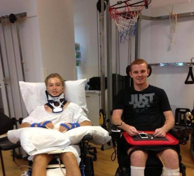 INSPIRING: Young Forster Tuncurry Hawks player Curtis Landers met recuperating Newcastle Knights player Alex McKinnon on Tuesday June 3 at the Sydney Royal North Shore Hospital. 