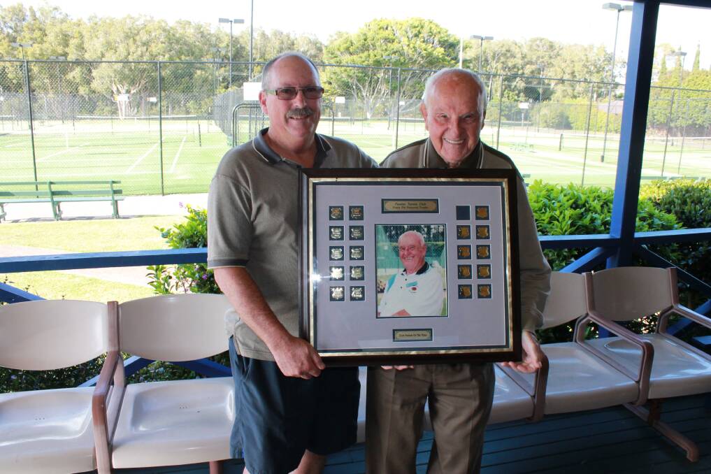 WELL DESERVED: Frank Pitt (right) presents Peter Wakeling with the Frank Pitt 2014 Forster Tennis Club Person of the Year award.   
 
