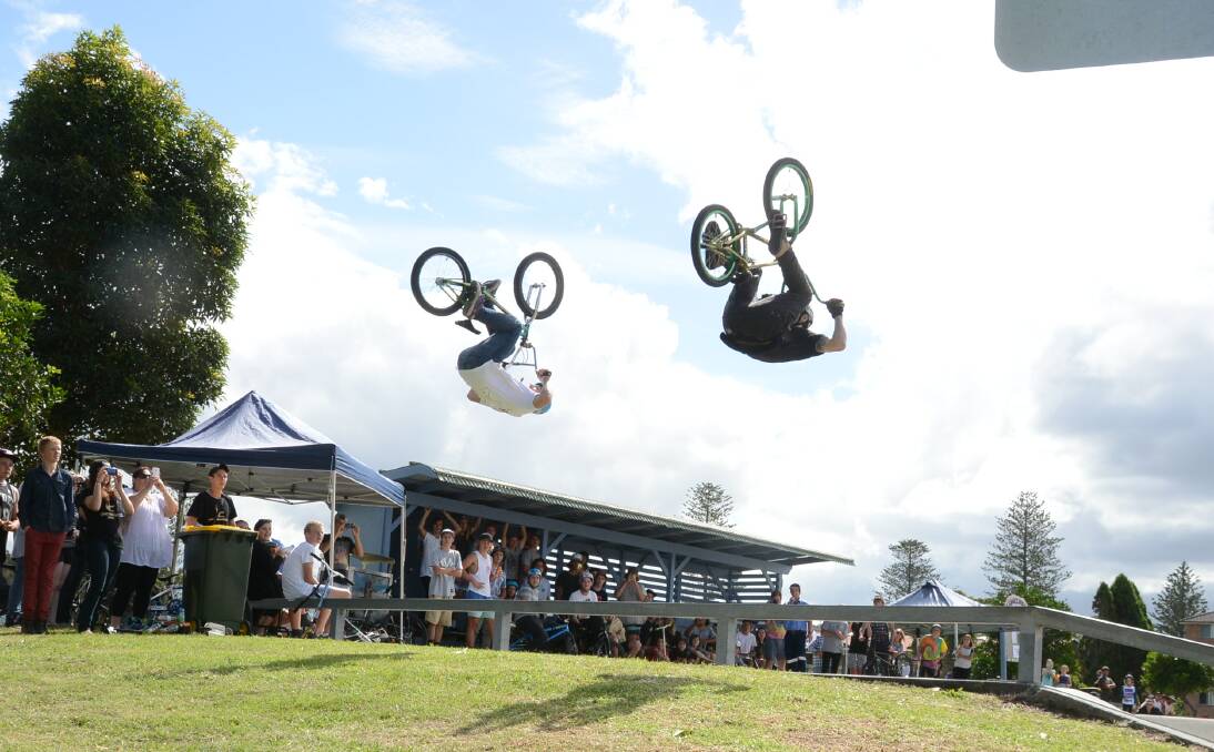 IN SYNC: Brodie Ritter who placed first in the open men’s BMX and Rhys Kember at Tuncurry Skatepark as part of the tenth annual King of the Krater on 
Saturday. Photo by Julie Slavin.   