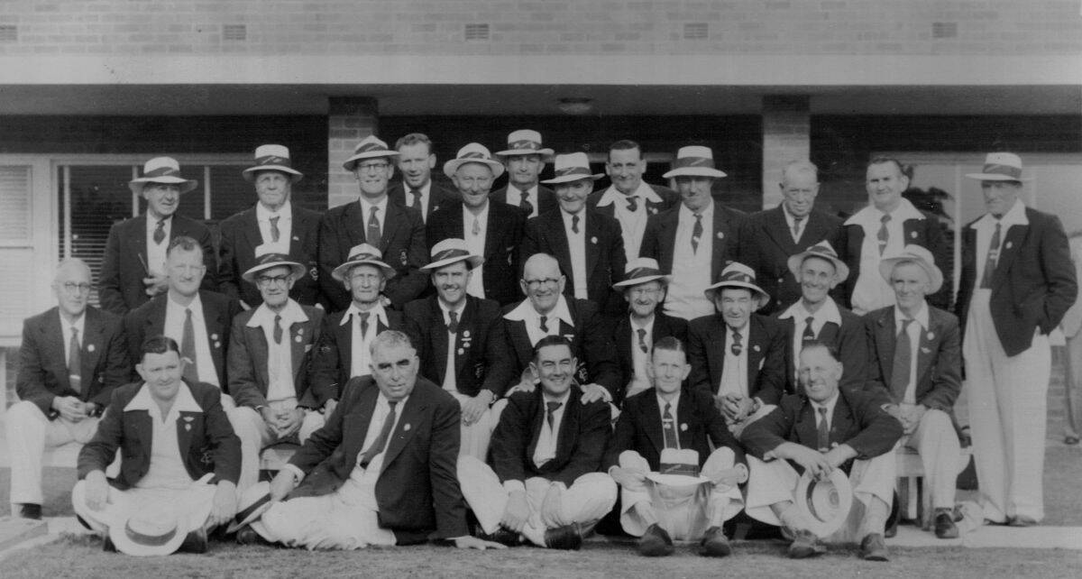 NAMES NEEDED: Jim Collitan, pictured second from left in the front row, is the only name documented with this week’s mystery group photograph of bowlers taken outside an unidentified building.  