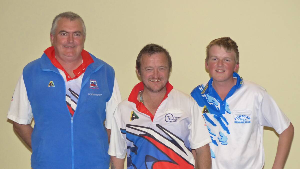 TRIPLE WIN: Composite team from Forster and Tuncurry, Jason Morse, Keith Stephenson and Keeden McGuire recently took out the 2014 Pelican Two Bowl Triples.  