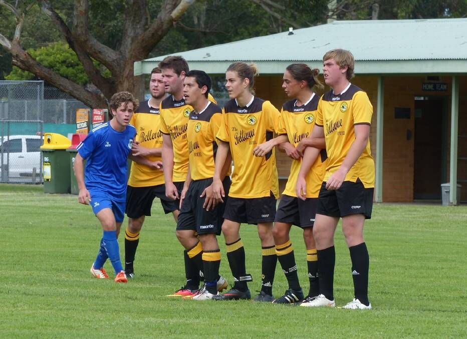 STRONG SIDE: Tigers’ Harvey Kendall, Tom Riley, Rod Yanez, Troy Chipperfield, Joey Newman and Matt McGarrigle in the wall for the Tigers defence in reserve grade.  Photo by Sarah Newman. 
