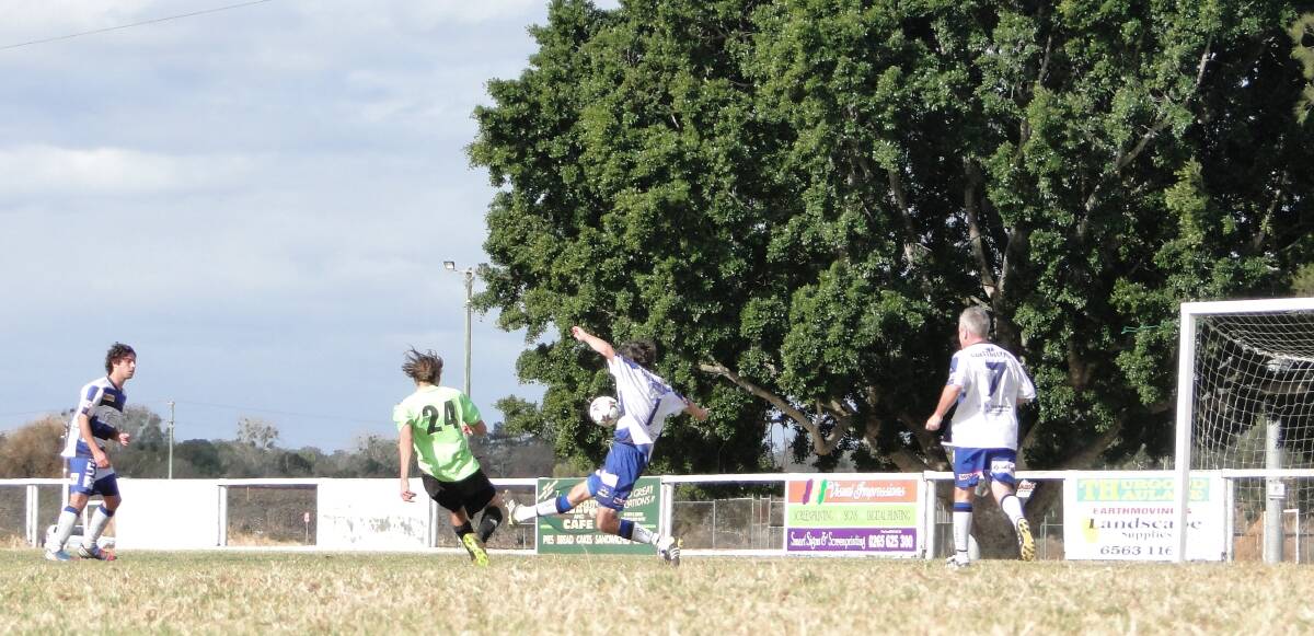 DOUBLE HAT TRICK: Wallis Lake’s reserve grade striker, number 24 Ethan Perry performed his second hat trick this season during Wallis Lake’s 3-0 win over the Macleay Valley Rangers in Kempsey last Saturday.  
