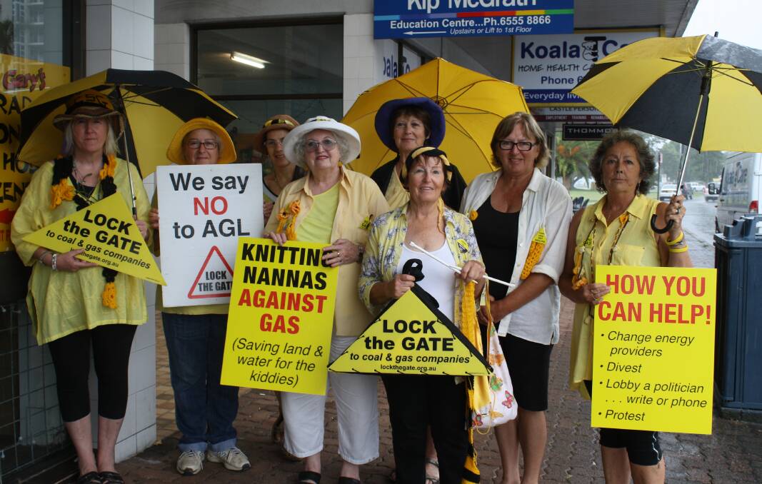 SEEKING ANSWERS: Knitting Nannas anti-coal seam gas Gloucester group member Dominique Jacobs (far left) and Great Lakes councillor Linda Gill (far right) and other members of the Gloucester Knitting Nannas group protested outside Member for Myall Lakes Stephen Bromhead’s 
office last week.  
