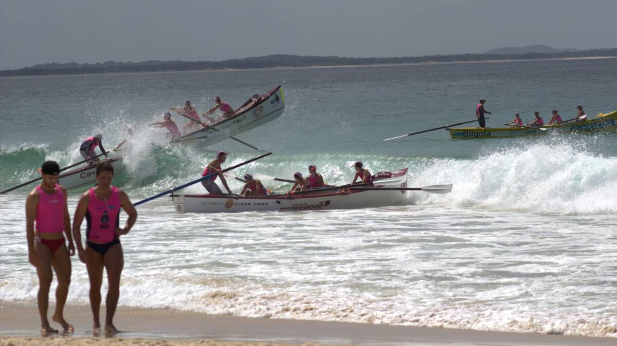 ACTION PACKED: Caves Beach, Bilgola and Warriewood SLSC crews in action at a previous Battle of the Boats carnival and (inset) Rob Scott who was struck in the head while visiting Fresno in the US last year. This year’s event will raise funds to assist in his recovery.  
