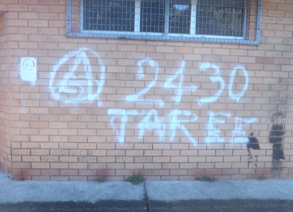 One of the many Taree tags spray painted by vandals at Boronia Park in recent weeks.  