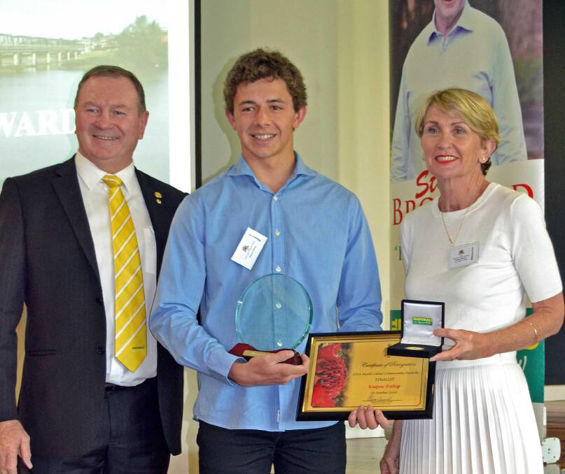 MANY TALENTS: Sporting all rounder Kaspar Fiebig was presented with the 2014 Myall Lakes Sports Person of the Year Award by Myall Lakes MP Stephen Bromhead and the NRMA’S Wendy Machin.  
