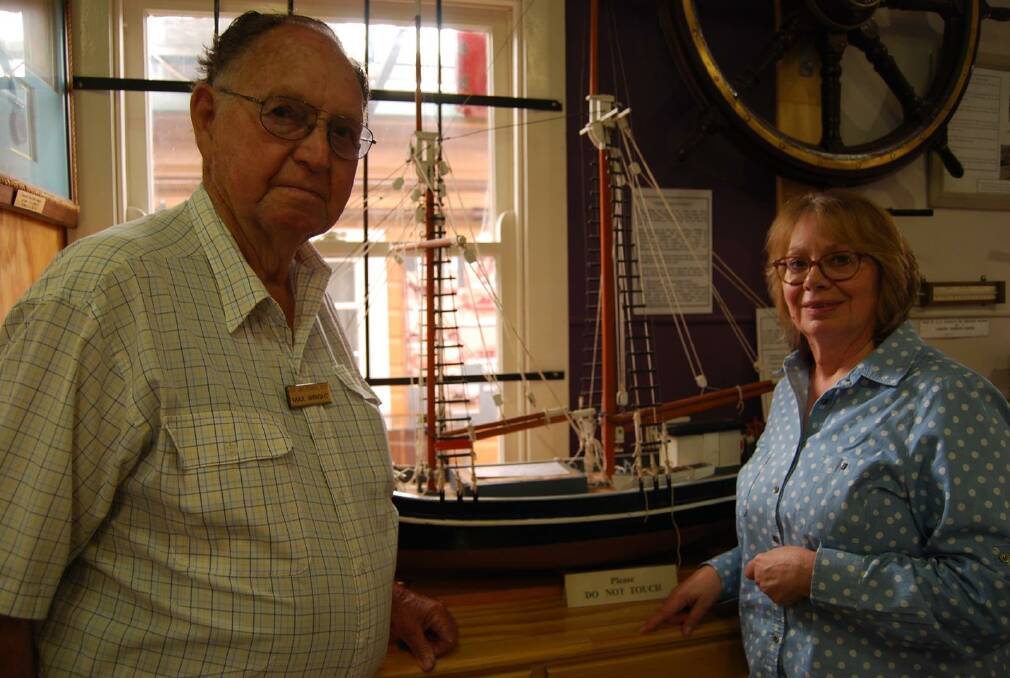 TOP MARKS: Dr Roslyn Russell with Great Lakes Historical Society member Max Wright, who is a great-grandson of Tuncurry shipbuilder John Wright.  At the conclusion of her visit, Dr Russell, who advises UNESCO on heritage preservation, described the museum’s shipping collection as ‘superb’. 