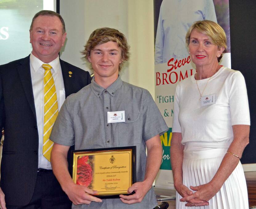 ON THE RISE: Up-and-coming squash player Todd Riches received the 2014 Myall Lakes Junior Sports Person of the Year Award. He is pictured with Member for Myall Lakes Stephen Bromhead and NRMA vice president Wendy Machin.  
