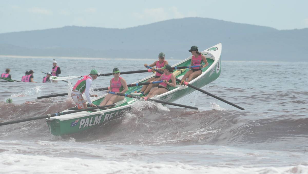 STRONG OUTFIT: One of Palm Beach SLSC’s women’s crews in action. The club had a dominant display in the water taking out the Under 23 Women’s, the Reserves and the Open Men’s events. 