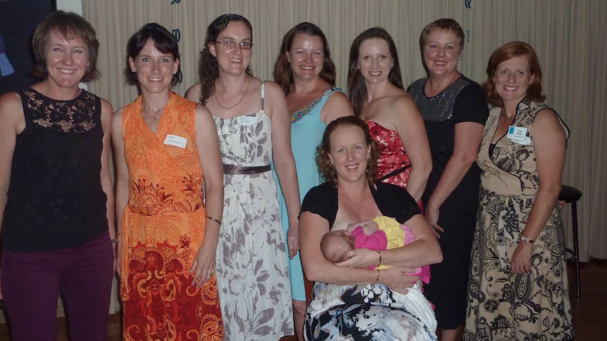 WE MEET AGAIN: Reunion dinner for Manning-Great Lakes group of the Australian Breastfeeding Association: Elissa McKellar, Heidi Nicholson, Naomi Newton, Nicole Gigg, Anita Forbes, Louise Dimmock McLeod, Anne Maggs and Felicity Simpson with her baby Elizabeth.   