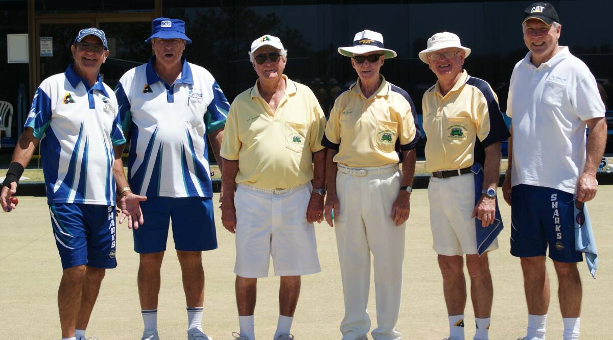 FRIENDLY COMPETITION: South Tweed Heads’ Joe Falcon and Ken McCleod with Sporty’s Ron Sheather, Alf Cronin, Graham Symes and South Tweeds’ Pat Sinclair. 
 