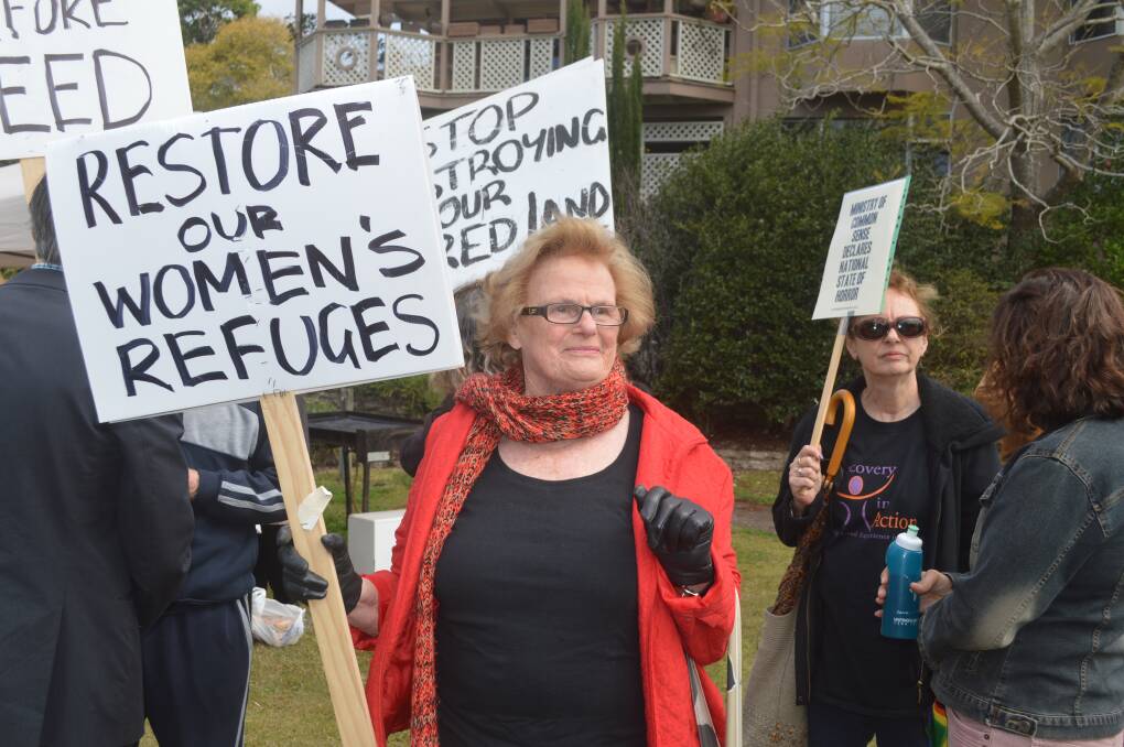 MARCHING: Marion Hosking voices her concerns over changes to Women's Refuges in Taree and across the state as a result of the government's Going Home Staying Home reforms.  
