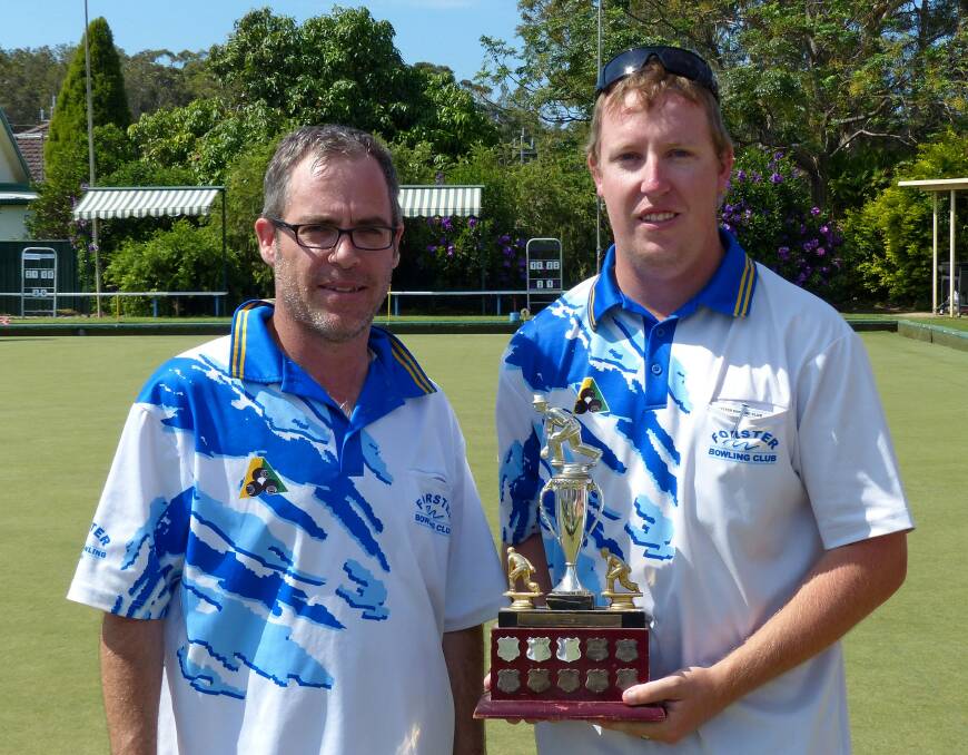 CLOSE GAME: Nathan Penzer and Tim Farrell won the Forster Men’s Bowling Club Pairs tournament. 