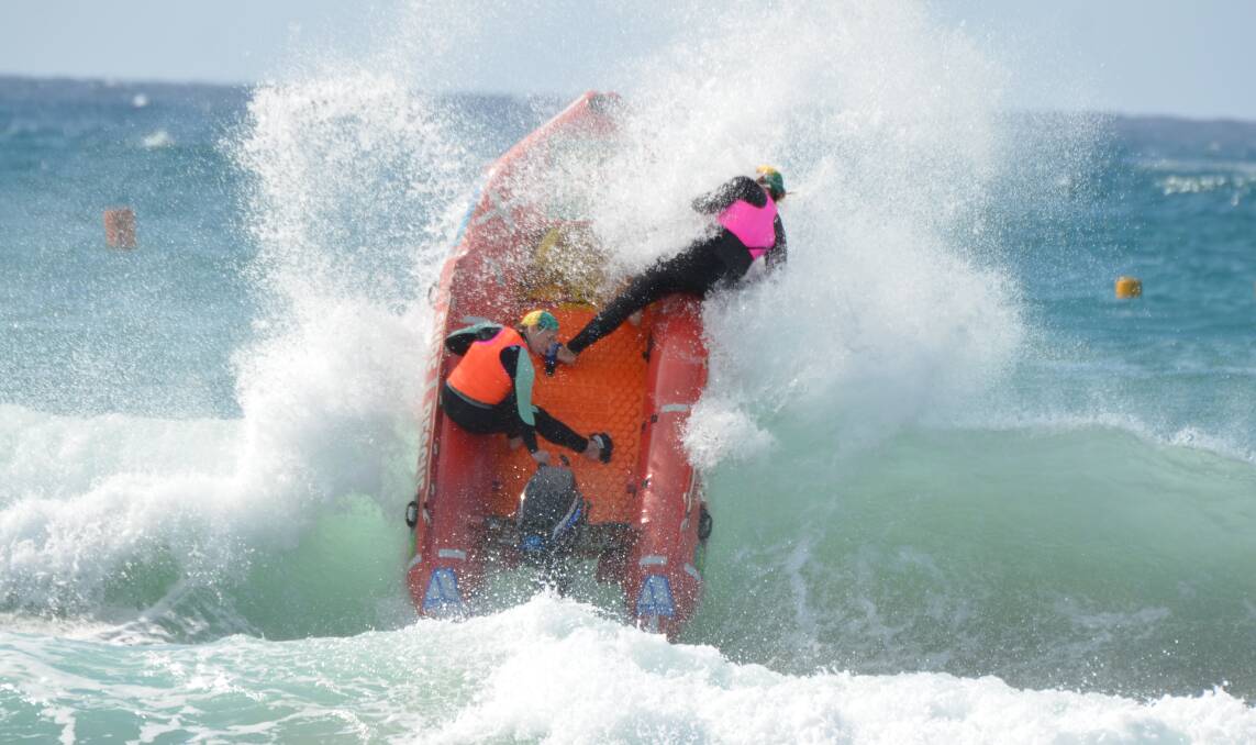 BLAST OFF: Forster Surf Life Saving Club members, driver Beth Lee and crew Keely Quinn blast through the semi final of the female tube at Cudgen Headland during the Australian IRB Champs in July. Club members are currently getting ready for patrol season which starts next month.  