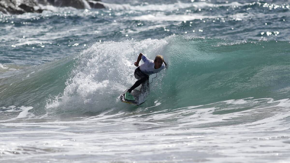 LOCAL RIDER: Tuncurry’s Josh Smith during the NSW Bodyboard State 
Titles on the weekend. Smith placed fifth overall in the drop knee event. 
Photo: Ethan Smith/ SNSW. 