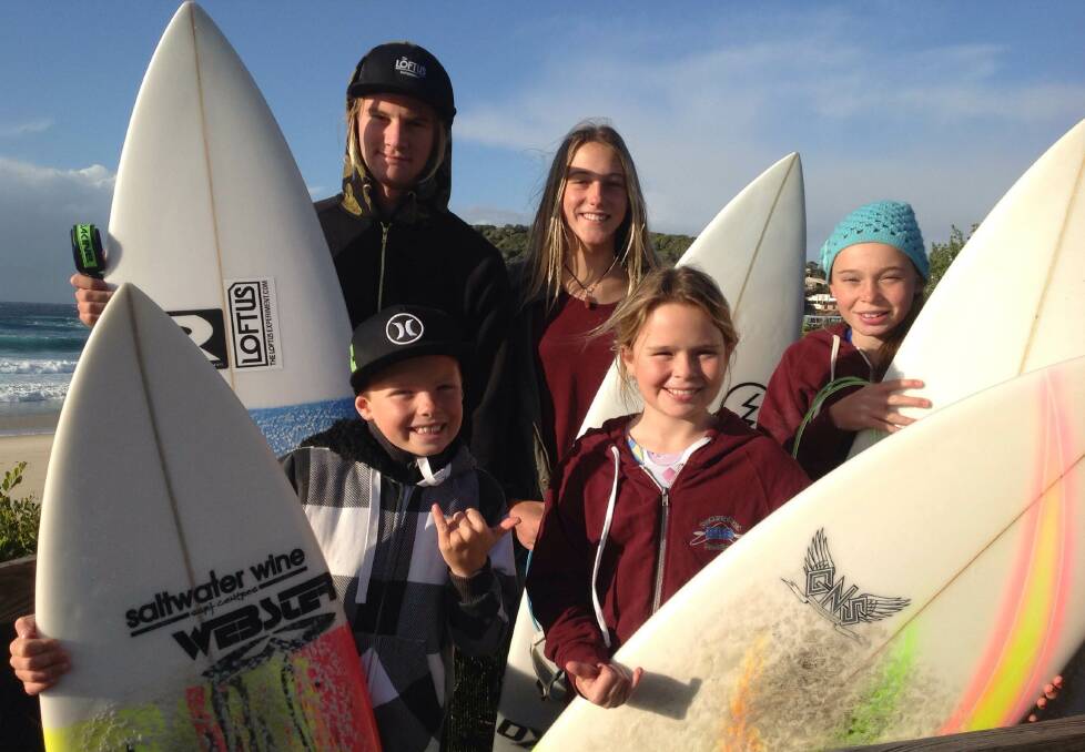 JUNIOR SURF STARS: (Back row L-R) – Local surfers Joey Tedesco, Rilea Judson, Ocean-Lily Everitt, Oscar Salt and Charlize Everitt as well as Jade Gaul (not pictured) will represent the region when they compete at the NSW Junior State Surfing Titles in Port Macquarie this week.  
